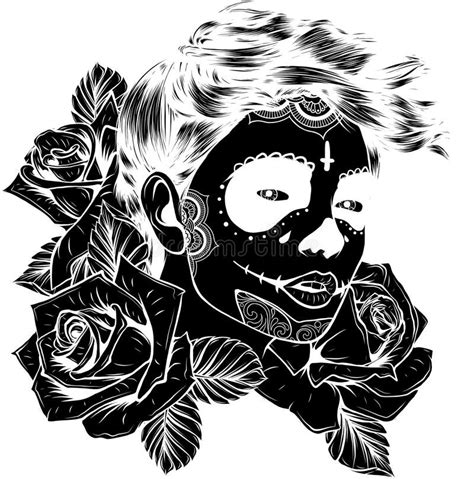 Black Silhouette Of Dead Girl With Roses Isolated On White Black And White Vector Illustration