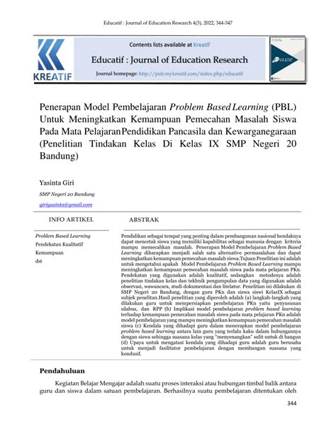 PDF Penerapan Model Pembelajaran Problem Based Learning PBL Untuk