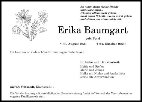 Traueranzeigen Von Erika Baumgart Rz Trauer De