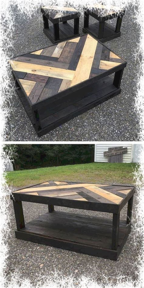 Two Tables Made Out Of Pallet Wood And One Is Turned Into A Coffee Table