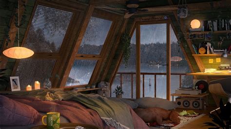 Cozy Cabin Ambience Overlooking A Lake With Rain Sounds Rain Ambience