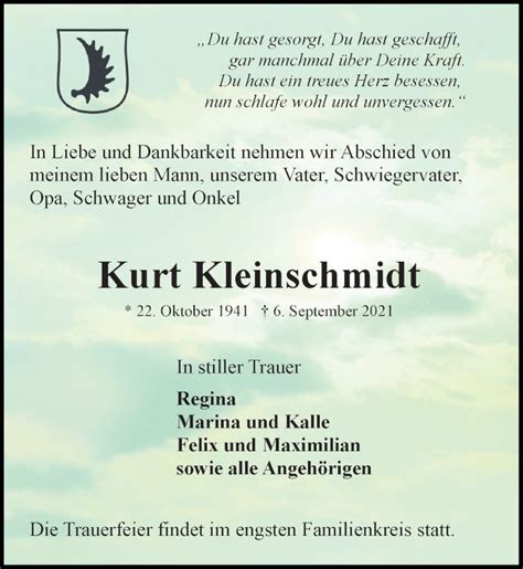 Traueranzeigen Von Kurt Kleinschmidt Trauer Anzeigen De