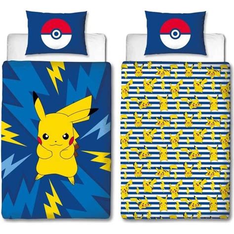 Parure De Lit Personne Pok Mon Pikachu Clairs Bleu Et Jaune Housse