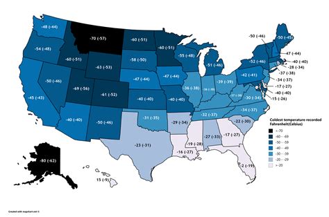 Coldest Temperature Ever Recorded In Each Us State Map Geo Map Usa Map