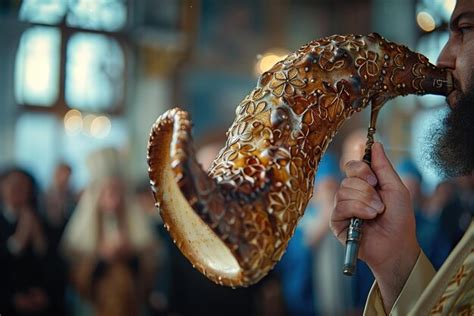 Premium Photo | Man Blowing Decorative Shofar During Jewish Ceremony