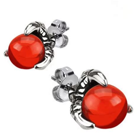 Paire Boucles D Oreilles Homme Acier Perle Rouge Sang Retenue Par Des