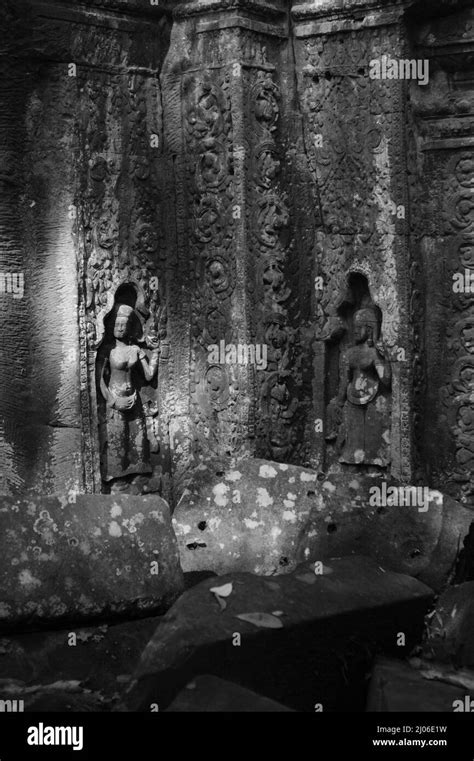 Apsara Figure At The Wall Of Ta Prohm Siem Reap Cambodia Black And