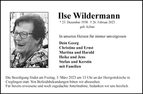 Traueranzeigen Von Ilse Wildermann Trauerportal Ihrer Tageszeitung