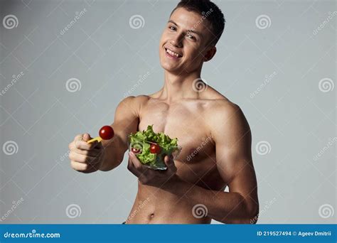 Cheerful Sporty Guy With A Naked Torso Plate With Salad Healthy Food Energy Stock Photo Image