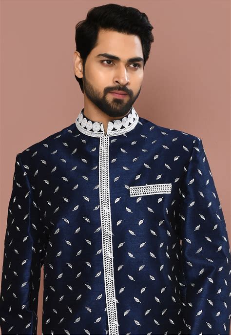 Embroidered Art Silk Asymmetric Sherwani In Navy Blue Mfg