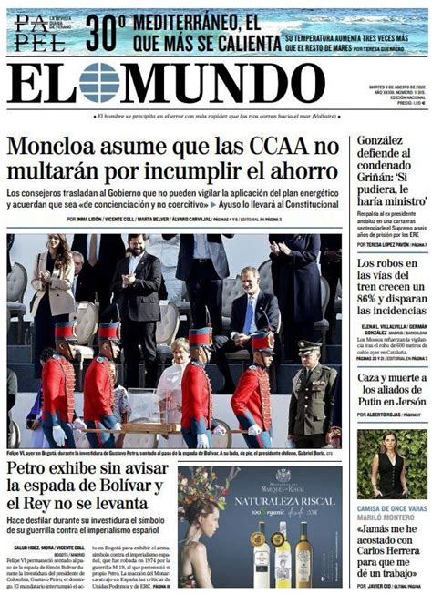 Portada De El Mundo Del Martes De Agosto De Medios