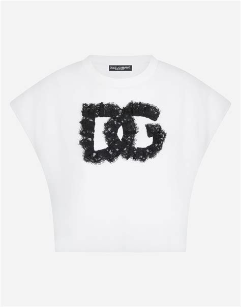 Cropped Jersey T Shirt With Lace Dg Embellishment In White For Women