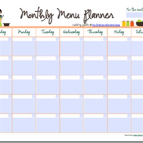 Blank Monthly Menu Template