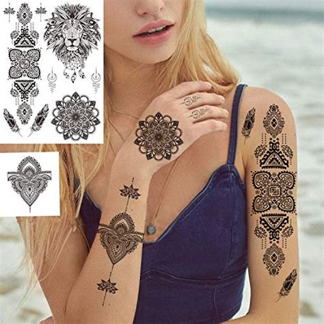 Sheets Black Henna Temporary Tattoos For Adults Women Girls Feather