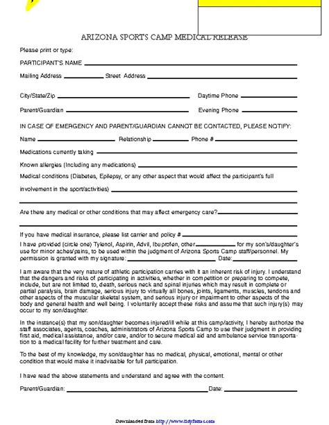 Arizona Sports Camp Medical Release Form PDFSimpli