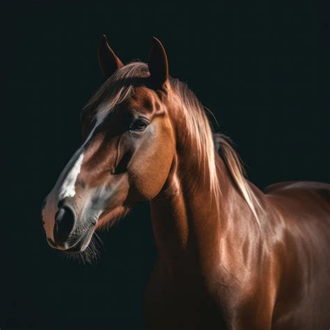 Um cavalo uma mancha branca no rosto está parado no escuro Foto