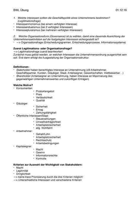 Übung 6 Grundlagen BWL 01 12 BWL Übung 1 Welche Interessen sollten