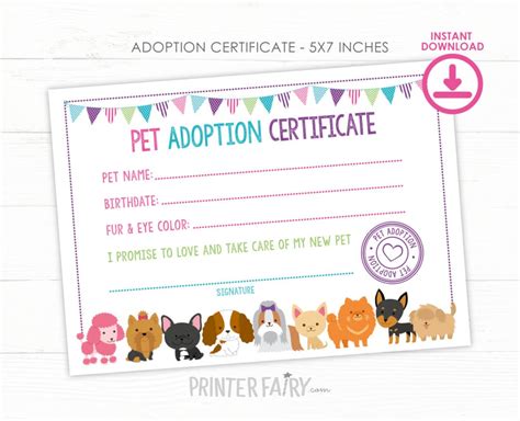 Pet Adoption Certificate, Pet Adoption Birthday Party, Puppy Birthday, Printable Certificate ...