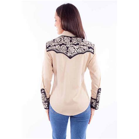 Scully Women S Floral Tooled Embroidered Long Sleeve Western Shirt Tan Cwesternwear