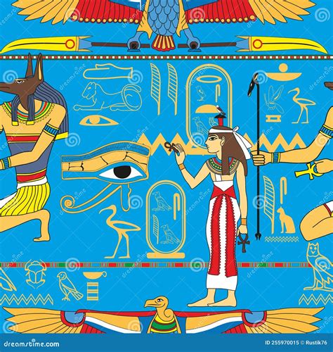 Seamless Pattern With Ancient Egyptian Gods And Hieroglyphs On A