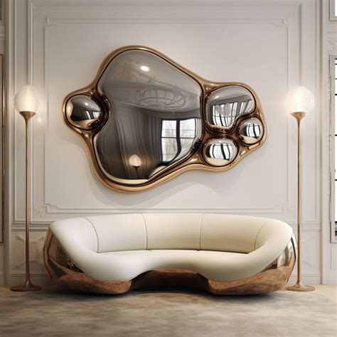 A White Couch Sitting In Front Of A Large Mirror