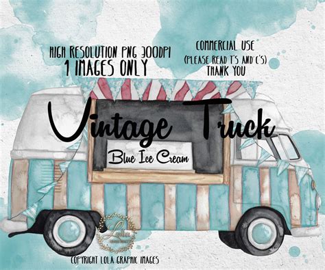 Blue Vintage Ice Cream Truck Clipart Sky Blue Dessert Vehicle Vintage ...