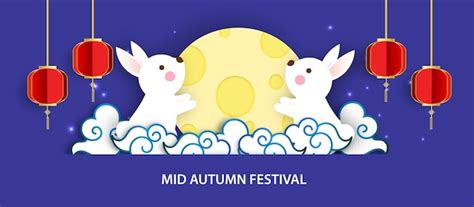 Premium Vector Mid Autumn Festival Banner With Cute Rabbits And The