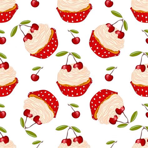 Premium Vector Cherry Cupcake Seamless Pattern