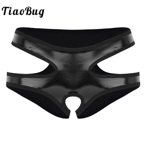 Tiaobug Women Lingerie Black Wet Look Faux Leather Crotchless Hollow