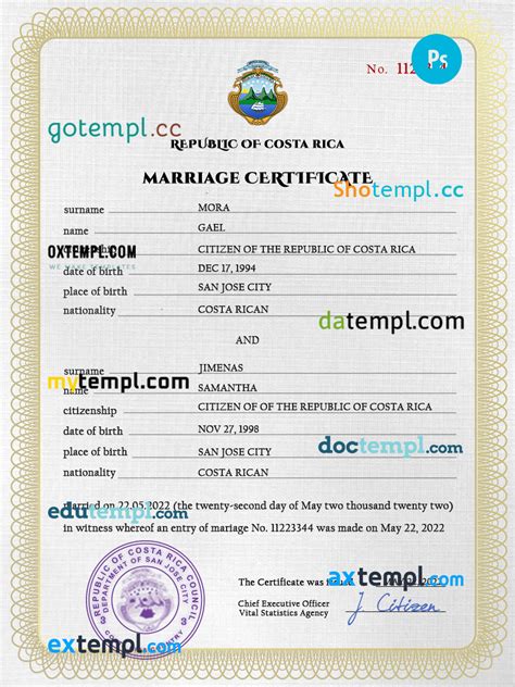 Costa Rica Marriage Certificate Psd Template Fully Editable