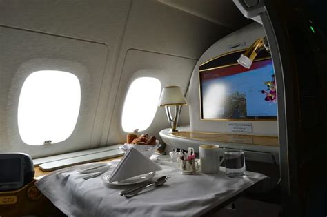 Breakfast food in Emirates Airbus A380 interior. – Stock Editorial ...