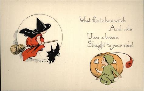 Child Witch Riding Broom Halloween Postcard