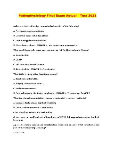 Pathophysiology Final Exam Actual Test Browsegrades