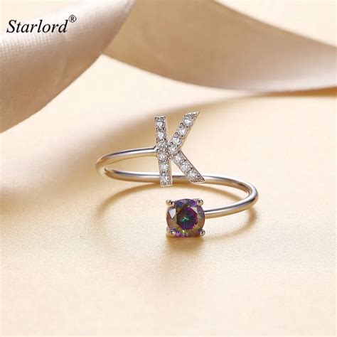 Initial K Letter Ring 925 Sterling Silver Cubic Zirconia Crystal Ring