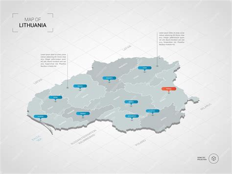 等尺性リトアニア地図。都市、国境、首都、行政区画、ポインターマークのある定型化された地図のイラスト。グリッドとグラデーションの背景