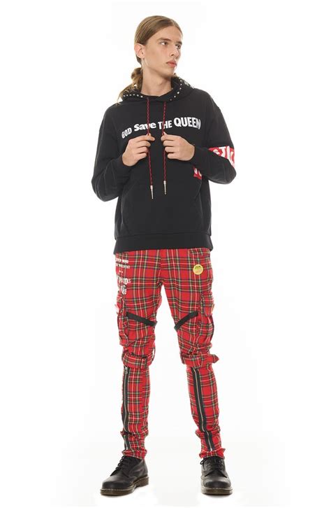 Cult Of Individuality Rocker Sex Pistols Plaid Slim Leg Cargo Pants