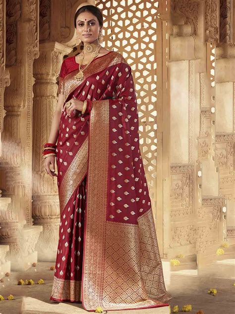 Banarasi Silk Indian Designer Saree Maroon Colour