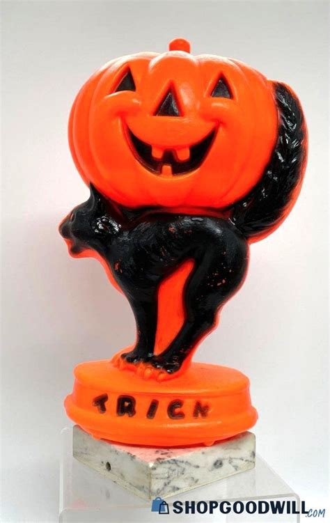 Vintage Halloween Pumpkin Black Cat Blow Mold On Marble Base