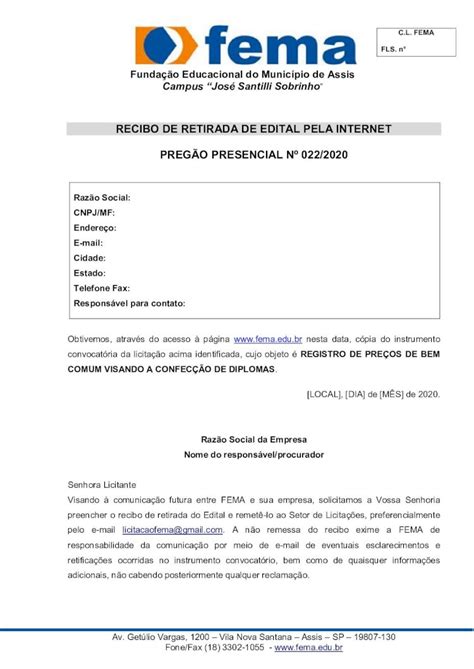 Pdf Recibo De Retirada De Edital Pela Internet Preg O Preencher