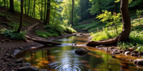 forest creek landscape  shallow water crossing shaded ground