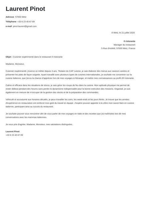 Lettre de motivation cuisinier exemple débutant expert