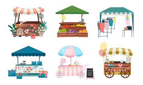 Puestos De Mercado Conjunto De Ilustraciones Vectoriales Planas Feria