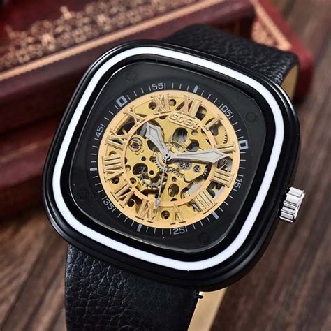 Men Fashion Sports Mechanical Watches PU Leather Strap Square Automatic