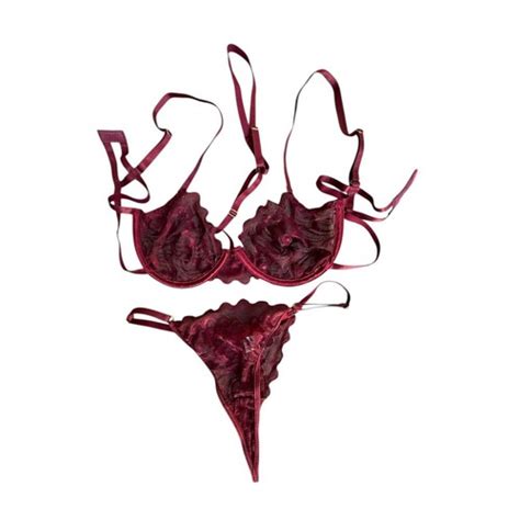 Lace Garter Belt Thong Lingerie Set Burgundy Strappy Adjustable Size Medium EBay