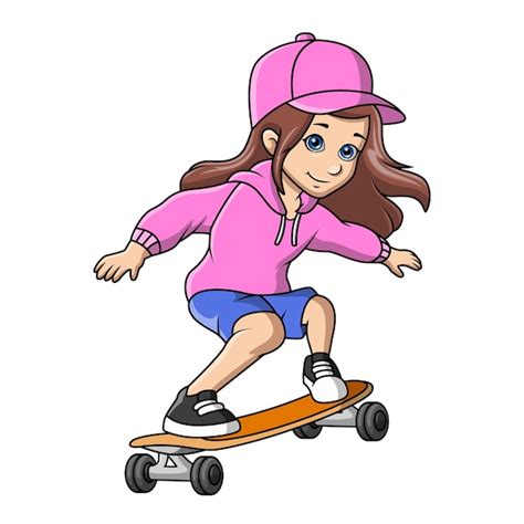 Uma Menina Bonita De Desenho Animado A Brincar De Skate Vetor Premium