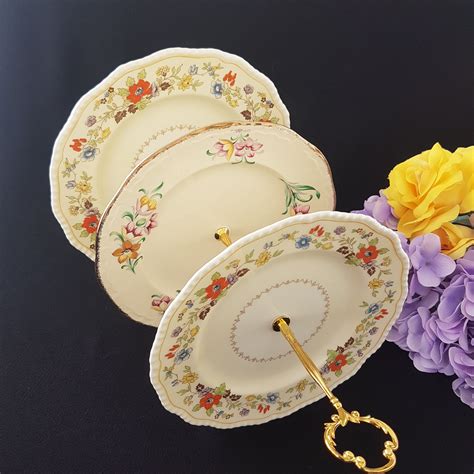 Tier Cake Stand Mismatched Floral Vintage Plates On Off White Royal