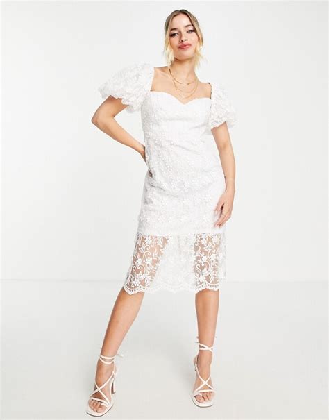 Love Triangle Puff Sleeve Midi Dress In White Lace Shopstyle