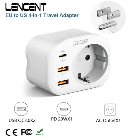 Lencent Eu To Us Travel Adapter With 1 Ac Outlet 2 Usb C3 0 And 1