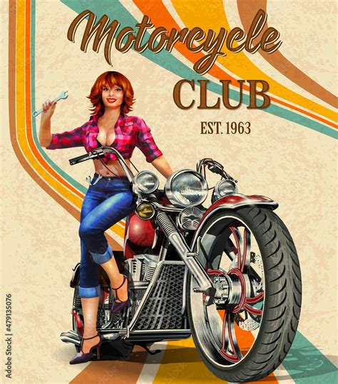 Vintage Motorcycles Poster With Sexy Girl Sitting On Retro Motorcycle