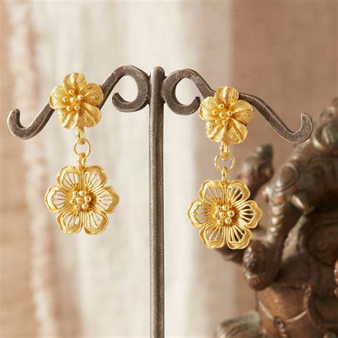 Gold Plated Filigree Double Drop Flower Stud Earrings By Rochejewels